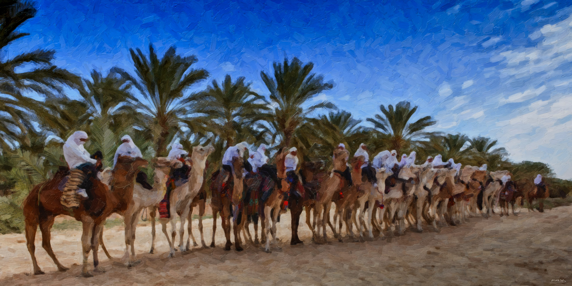 Alignement - contemporary painting for sale featuring Painting of a long line of riders and camels arranged beneath palms and a bright sky