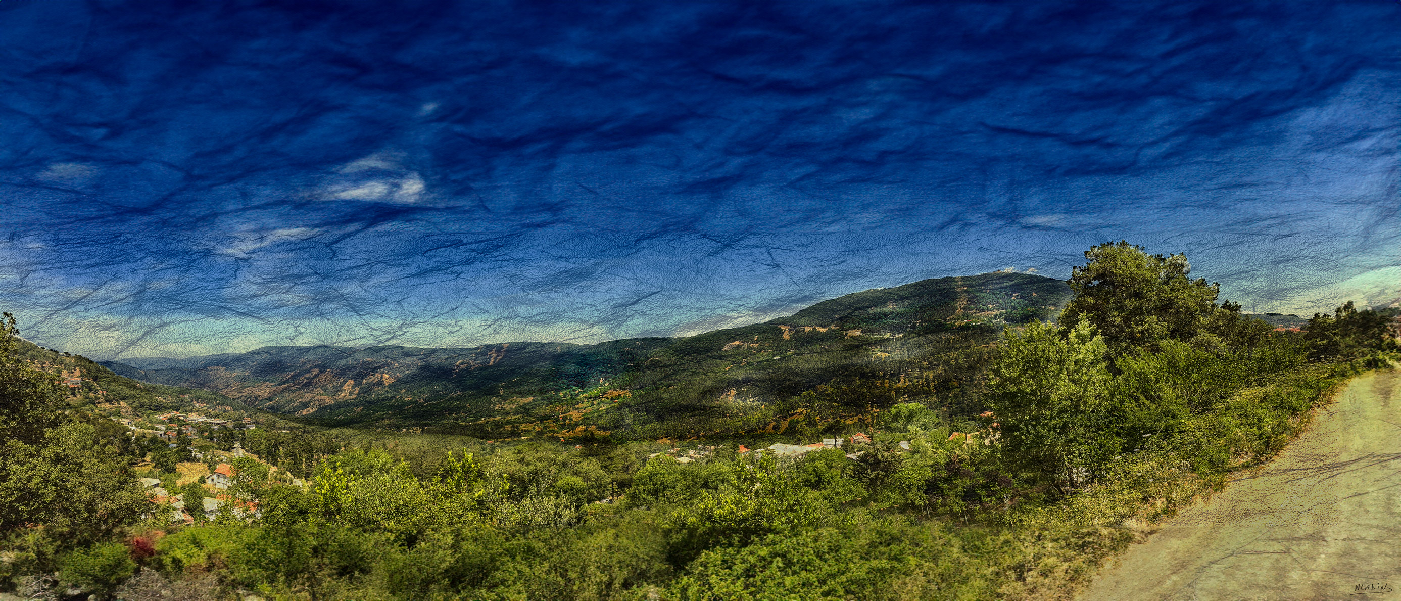 Aïn Draham - panoramic wall art featuring Panoramic artwork of the green hills and forested landscape of Aïn Draham under an expressive sky