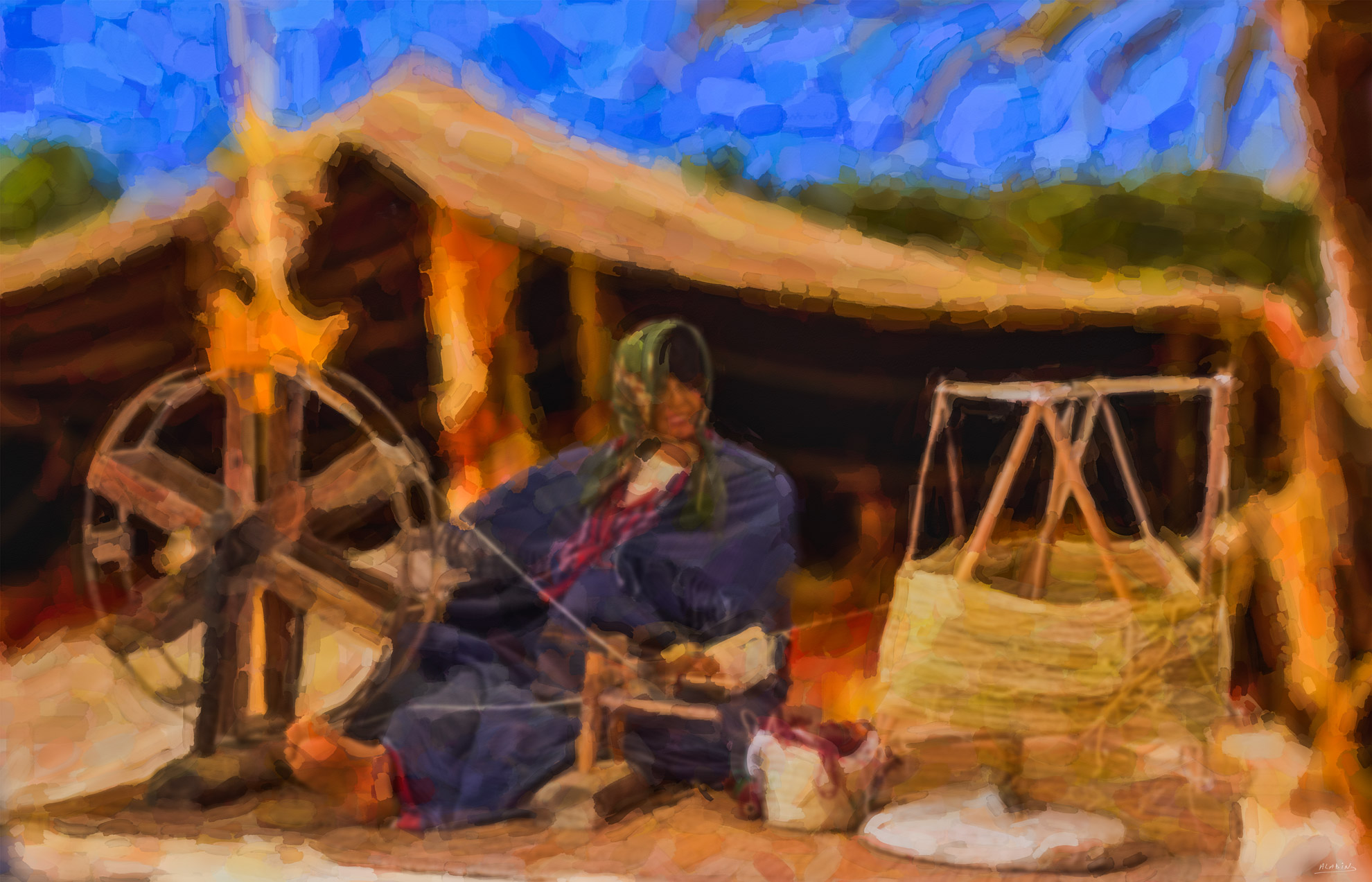 Bedouin - contemporary painting for sale featuring Painting of a Bedouin woman working beside a traditional spinning or weaving wheel near a tent