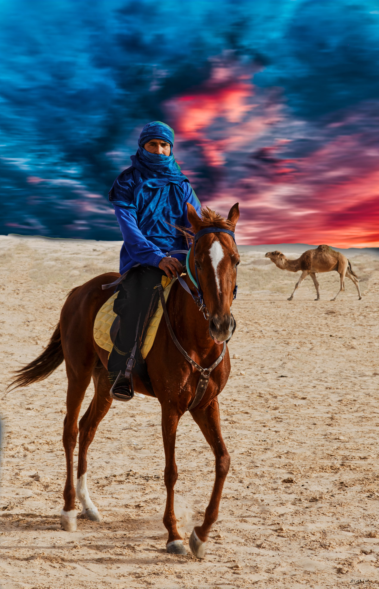Chevalier bleu - figurative wall art featuring Figurative artwork of a lone rider in blue on horseback beneath an expansive desert sky