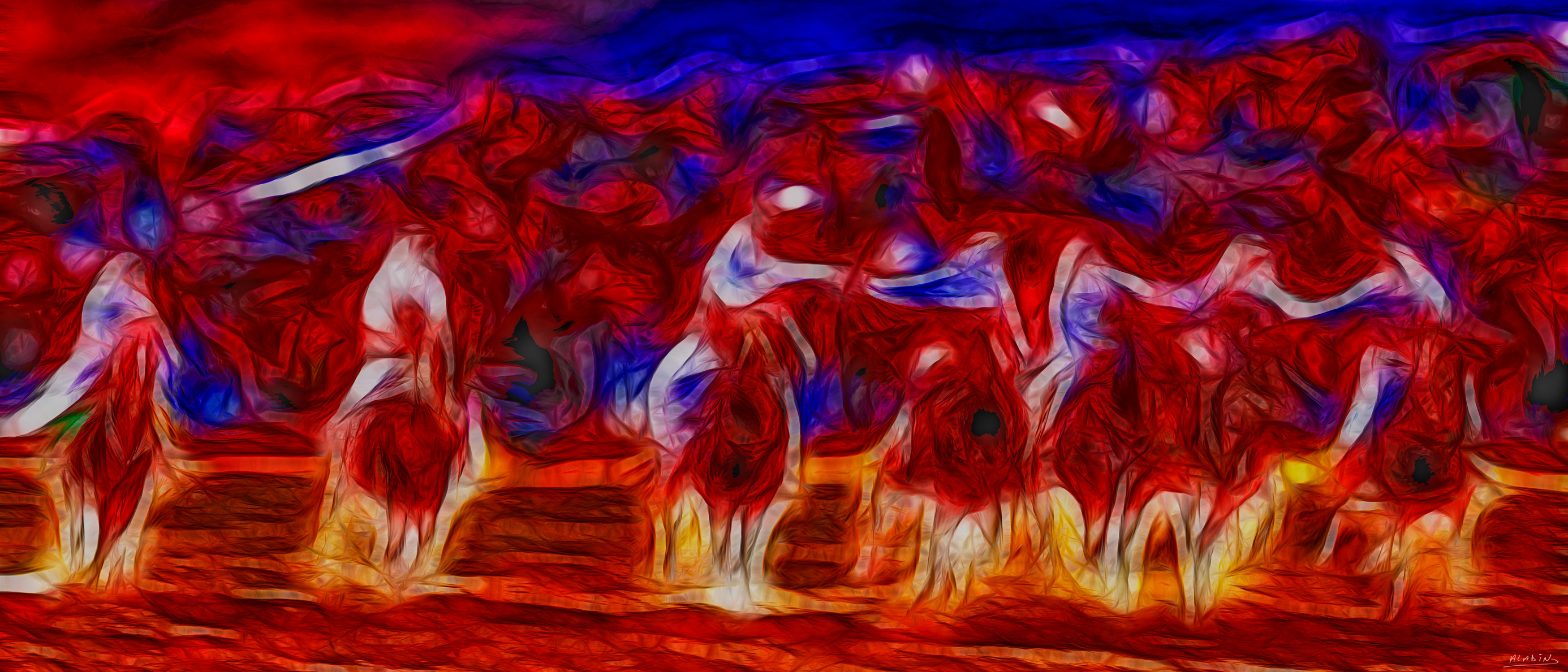 Course - panoramic wall art featuring Panoramic artwork of riders on horseback captured in a fast, energetic desert movement