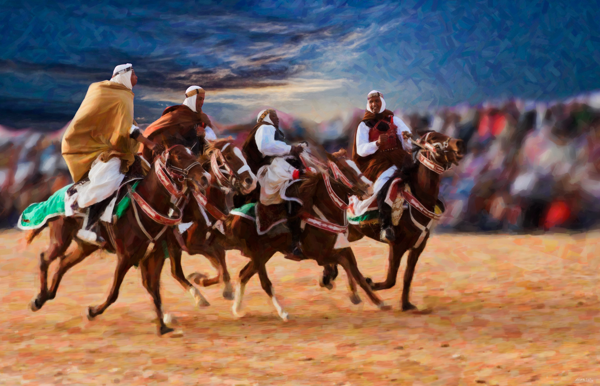 Course - figurative wall art featuring Figurative artwork of riders on horseback captured in a fast, energetic desert movement