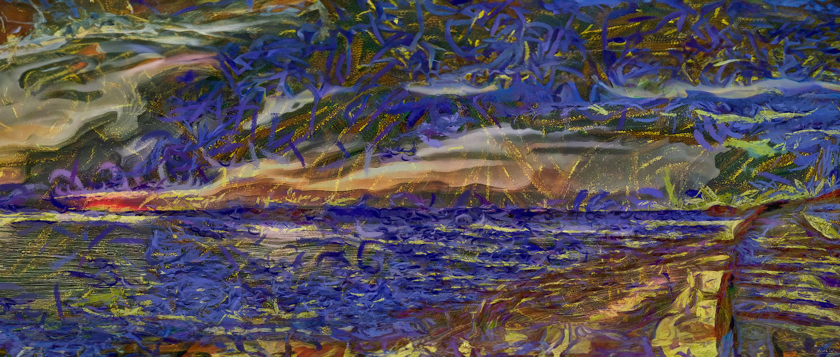 Chemin - panoramic wall art featuring Panoramic artwork of a textured panoramic path or shoreline receding beneath an expressive sky