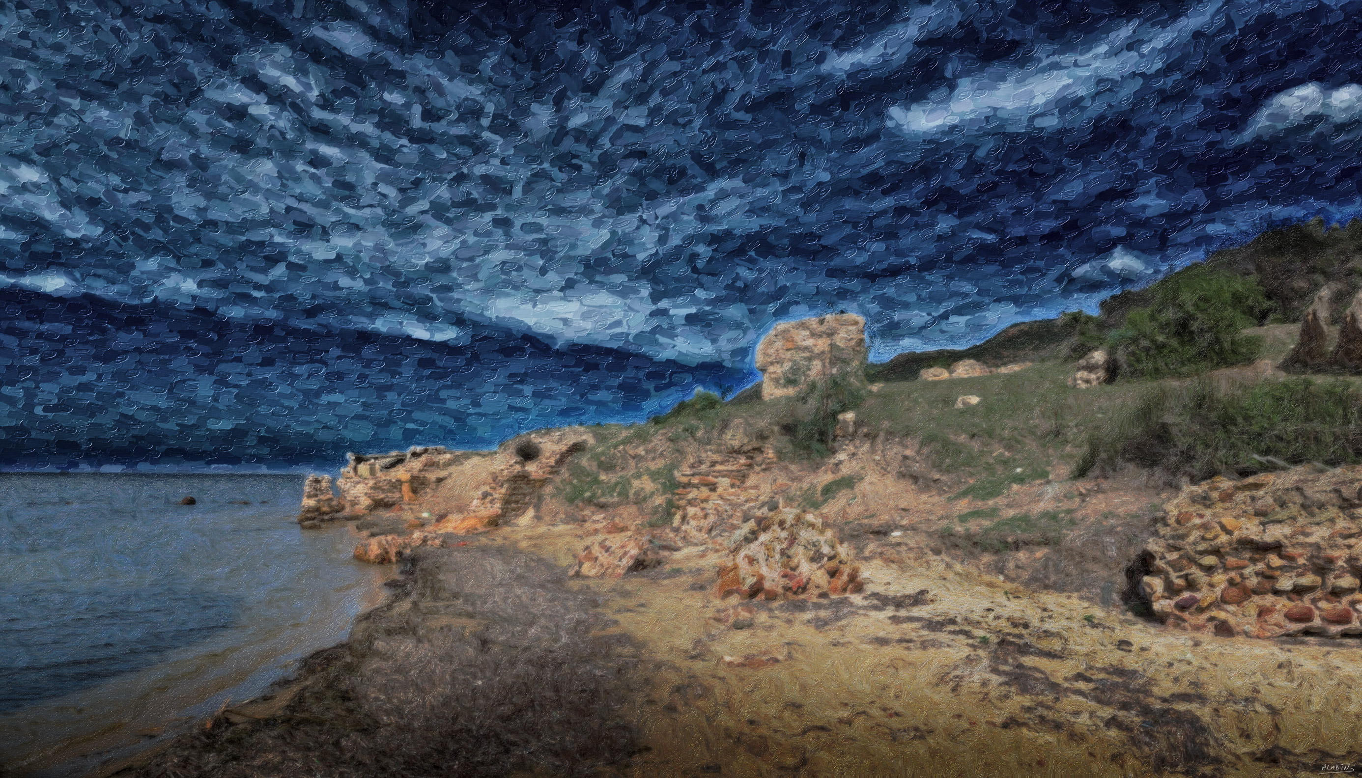 Ciel bleu - panoramic wall art featuring Panoramic artwork of a rocky coastline beneath a deep, textured blue sky