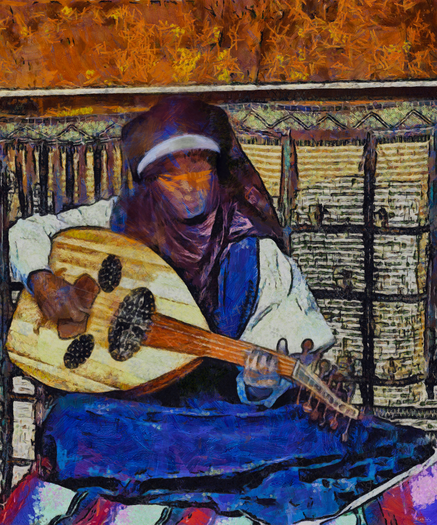 El Aoud - figurative wall art featuring Figurative artwork of a seated musician playing the oud in a richly textured traditional setting