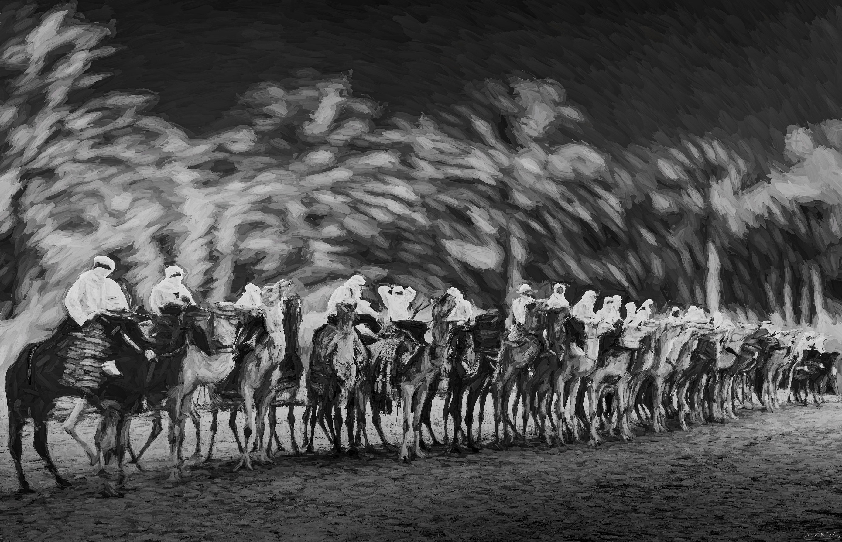 En Attente - black and white wall art featuring Black-and-white artwork of a long desert procession paused in quiet anticipation