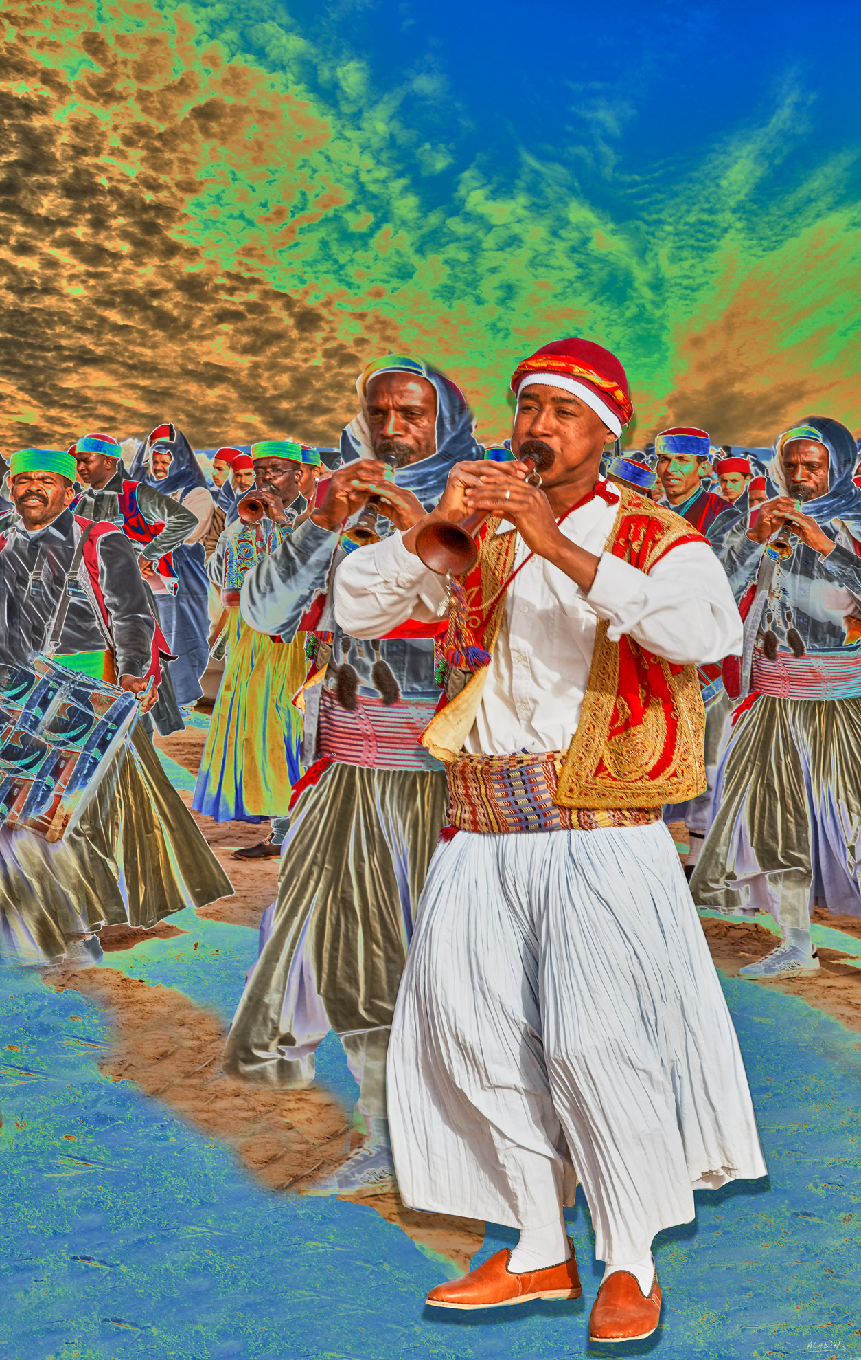 Flutiste - figurative wall art featuring Figurative artwork of a traditional flutist performing in ceremonial dress