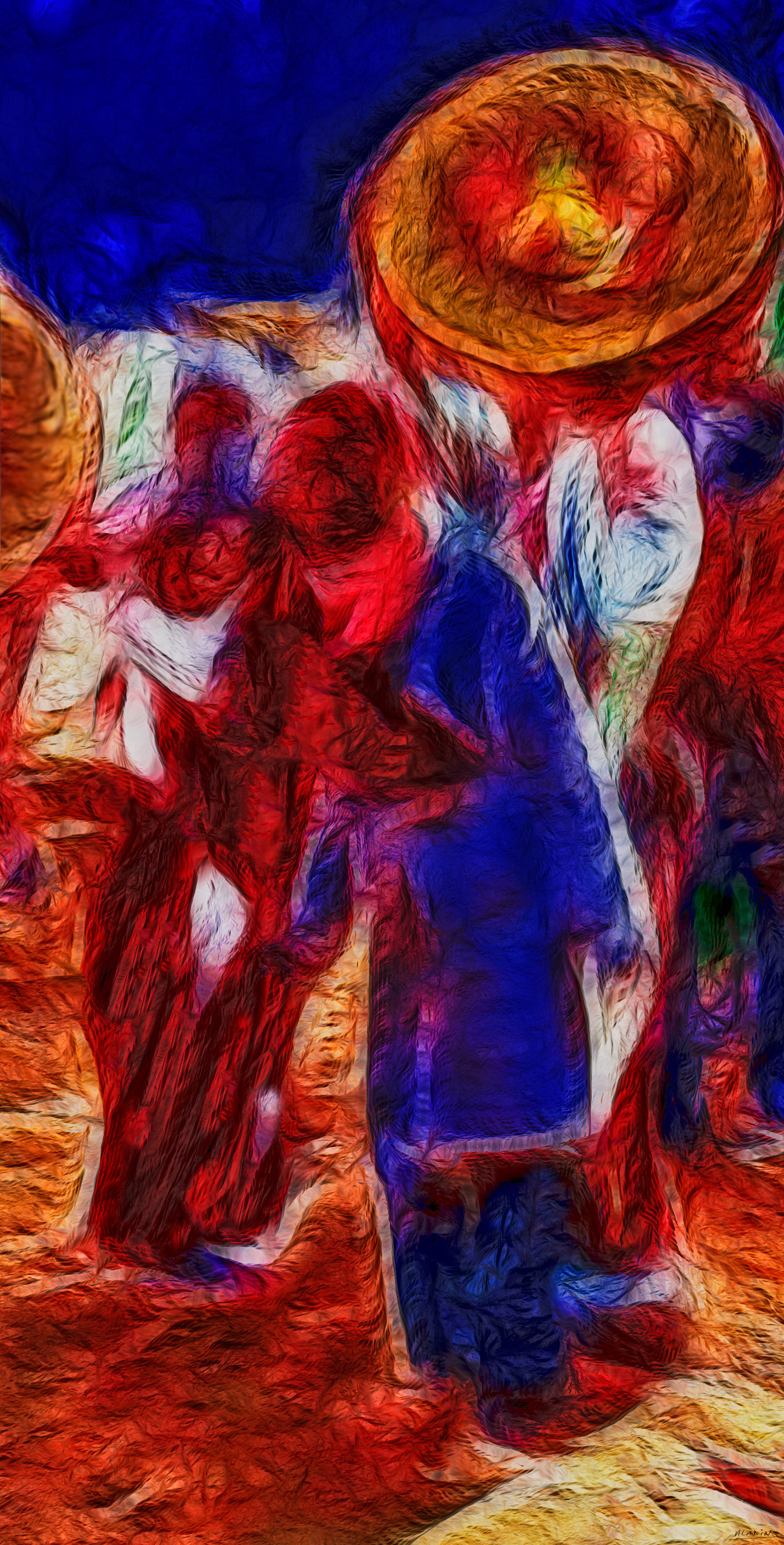 Festivités - abstract wall art featuring a festive traditional gathering animated by movement, colour and ceremonial dress