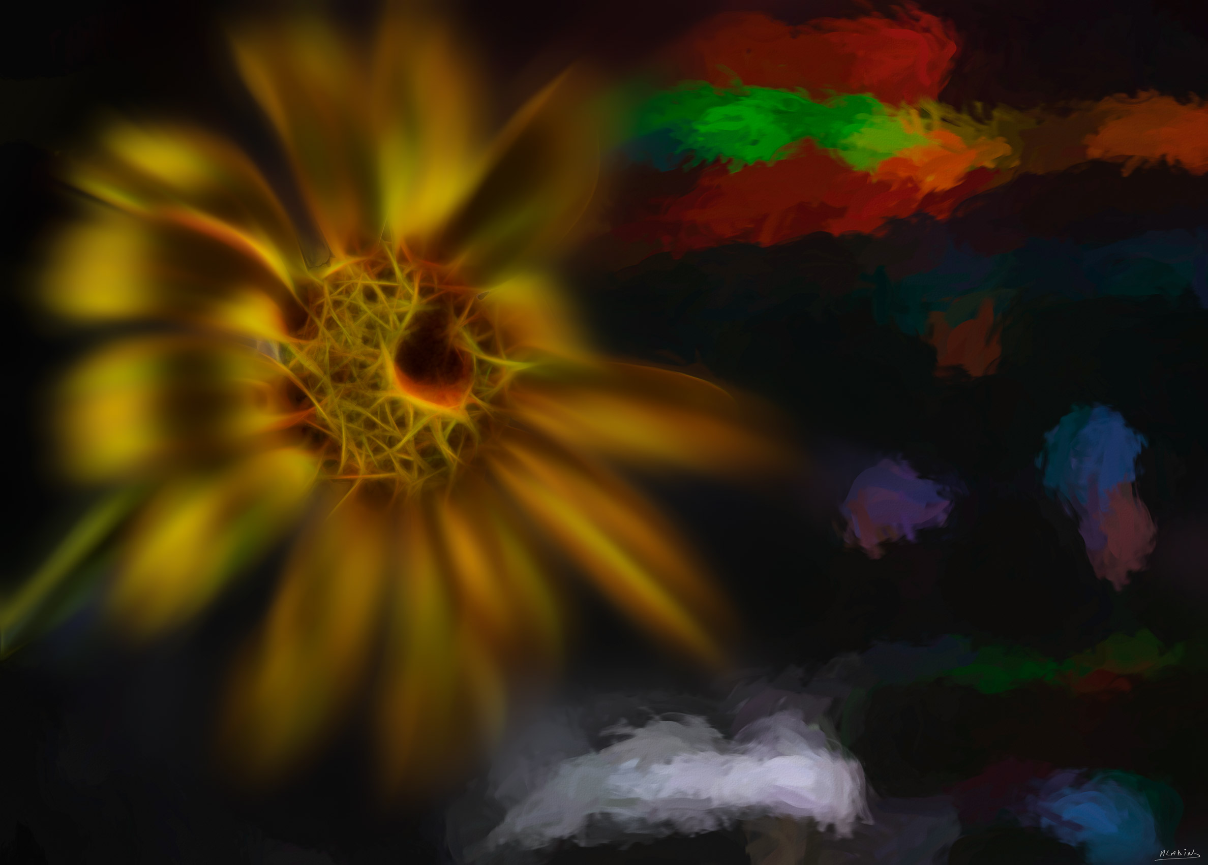 Fleur - still life wall art featuring Fine-art image of a glowing flower set against a dark field of abstract colour