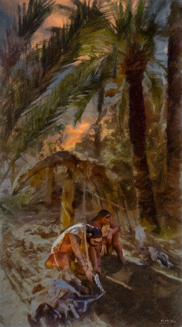 Homme des cavernes - figurative wall art featuring Figurative artwork of a solitary figure seated among palms and rocky, cave-like terrain