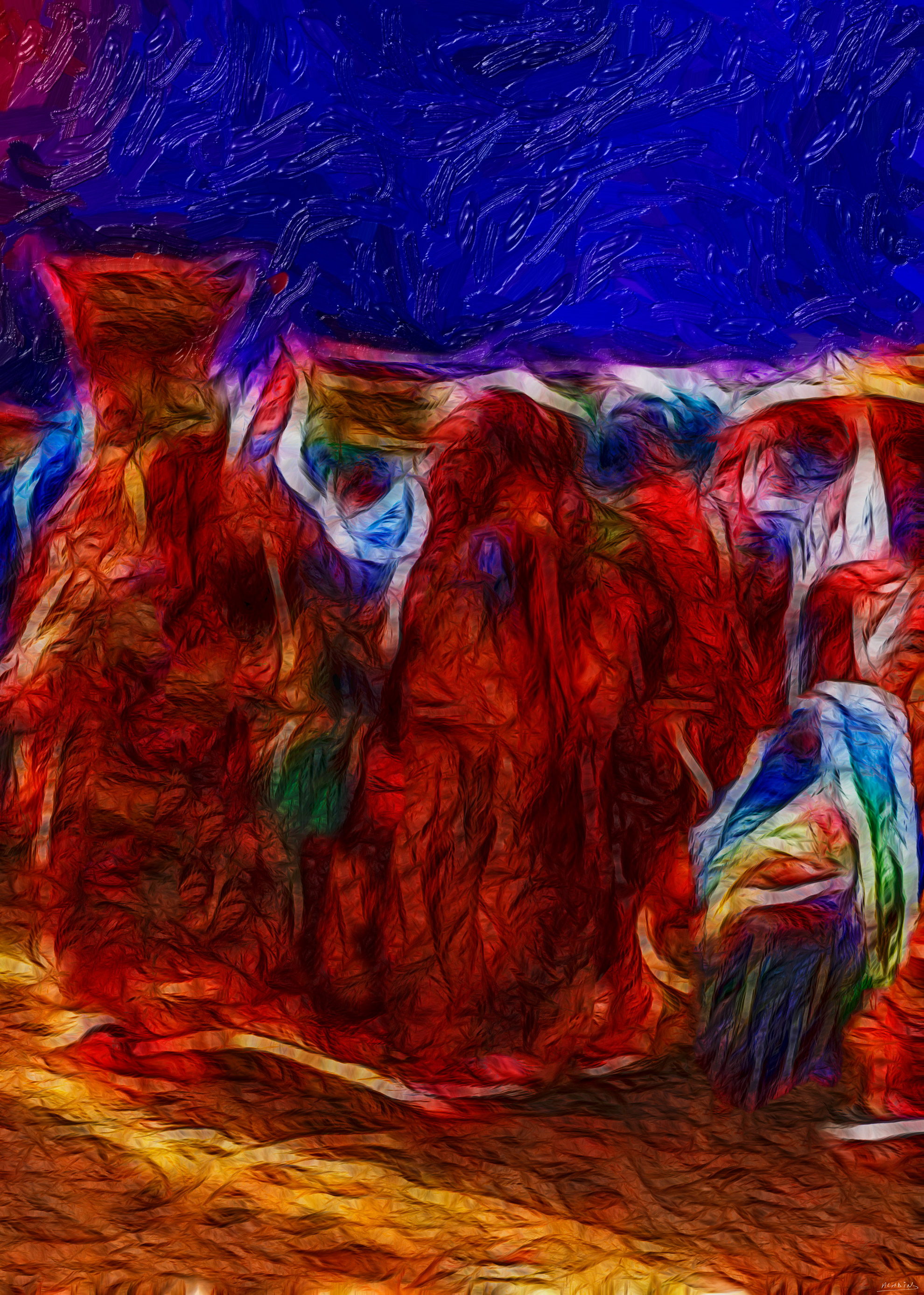 Mariage - abstract wall art featuring a traditional wedding gathering filled with ceremonial dress and shared celebration
