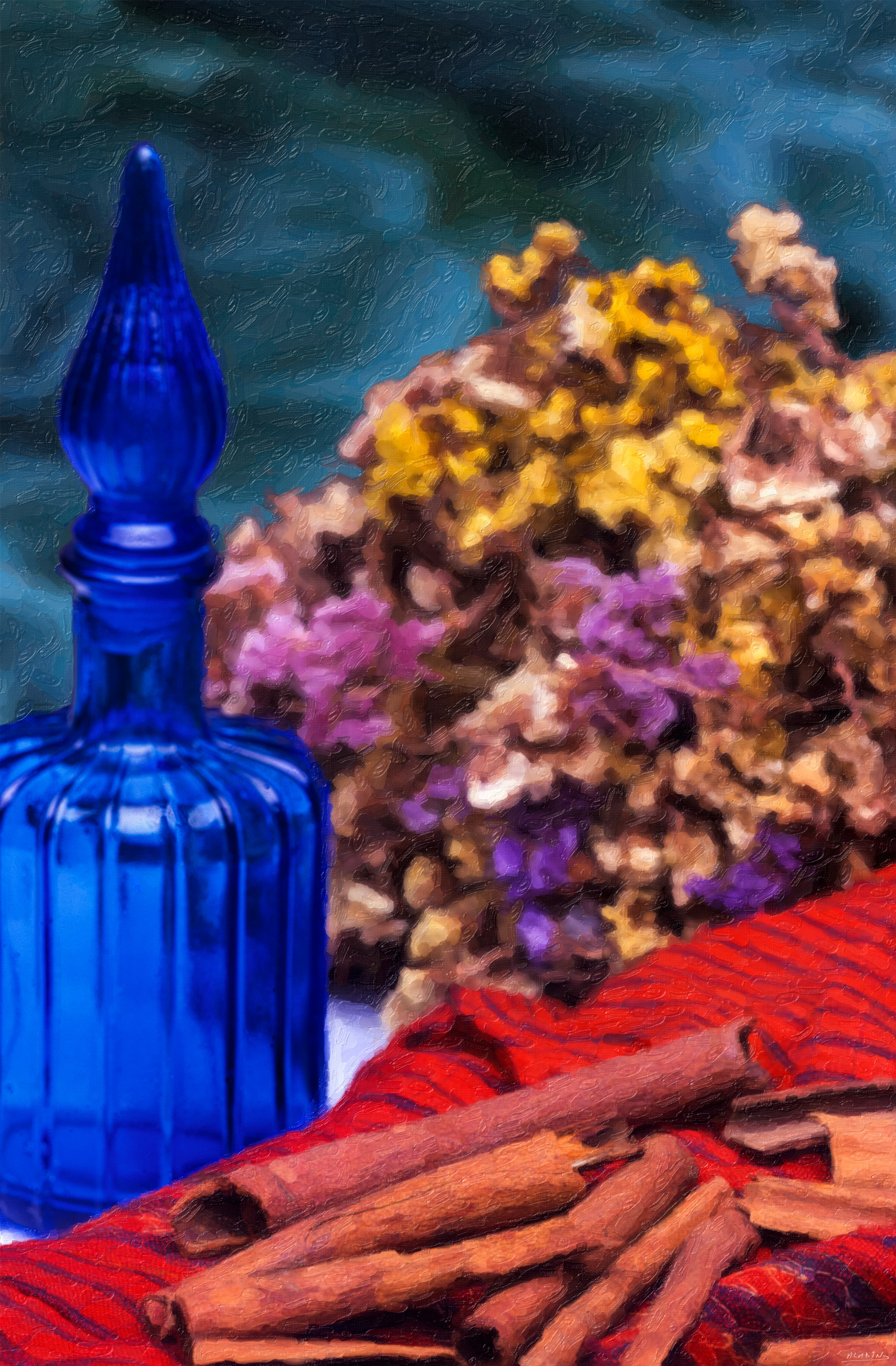Nature morte - still life wall art featuring Fine-art image of a vivid still life of a cobalt-blue bottle, flowers and warm red accents